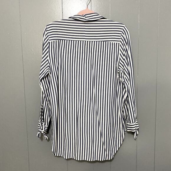 J. Crew Blue White Striped Collared Tie Sleeve Classic Preppy Popover Shirt M - Picture 6 of 7